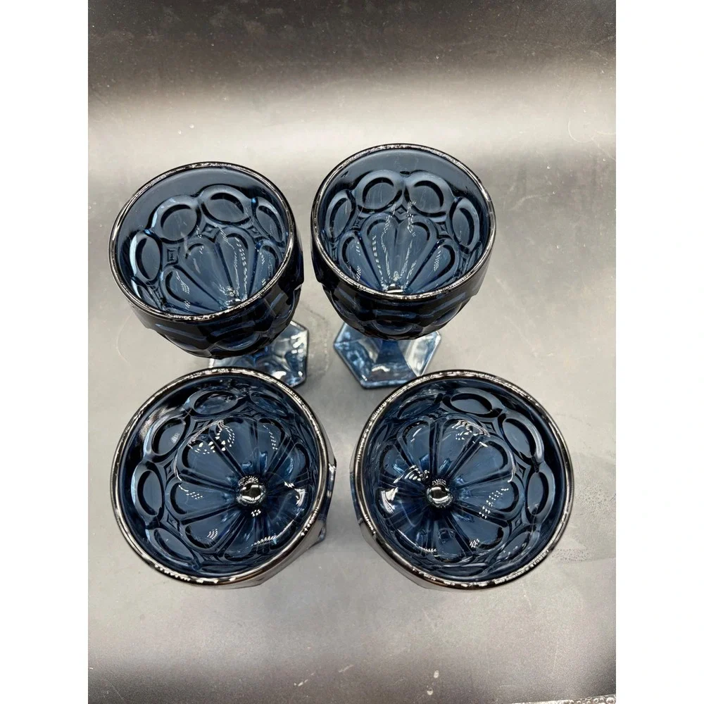 Vintage Cobalt Blue Glass Goblets Thumbprint Kings‎ Crown Water Wine Set of 4